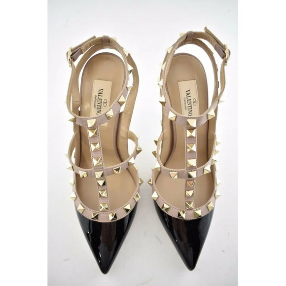 Valentino Rockstud Black Patent Poudre Nude Ankle T Strap Classic Heel Pump 41.5 - Picture 7 of 12